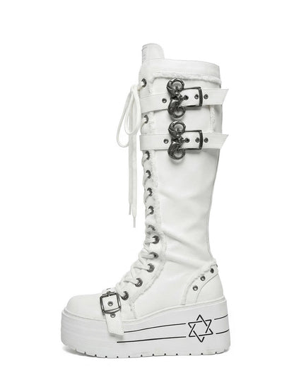 White Triple-Buckle Platform Knee-High Boots