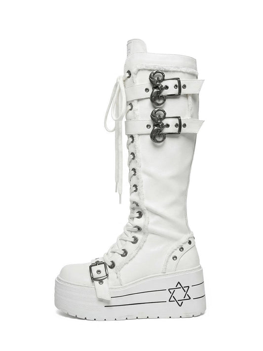 White Triple-Buckle Platform Knee-High Boots