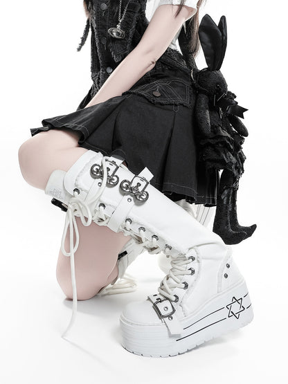 White Triple-Buckle Platform Knee-High Boots