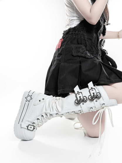 White Triple-Buckle Platform Knee-High Boots