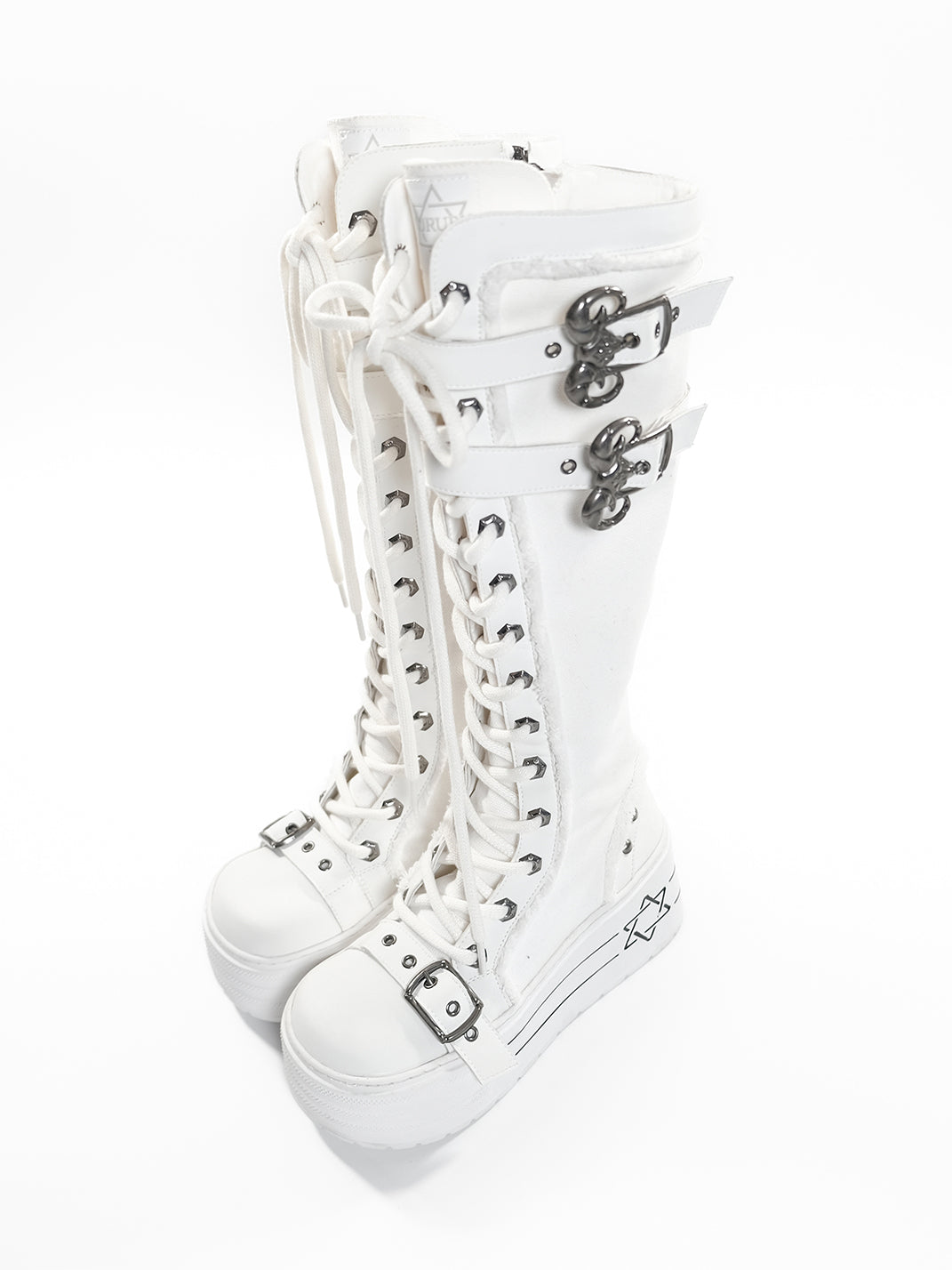 White Triple-Buckle Platform Knee-High Boots