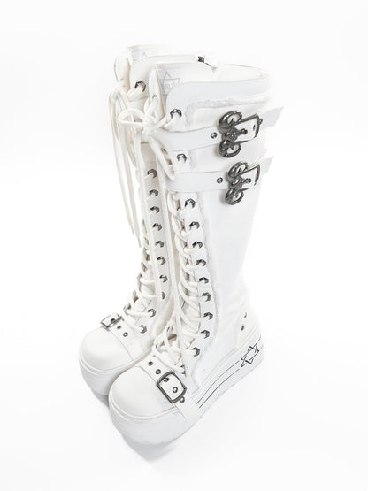White Triple-Buckle Platform Knee-High Boots