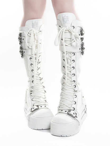 White Triple-Buckle Platform Knee-High Boots
