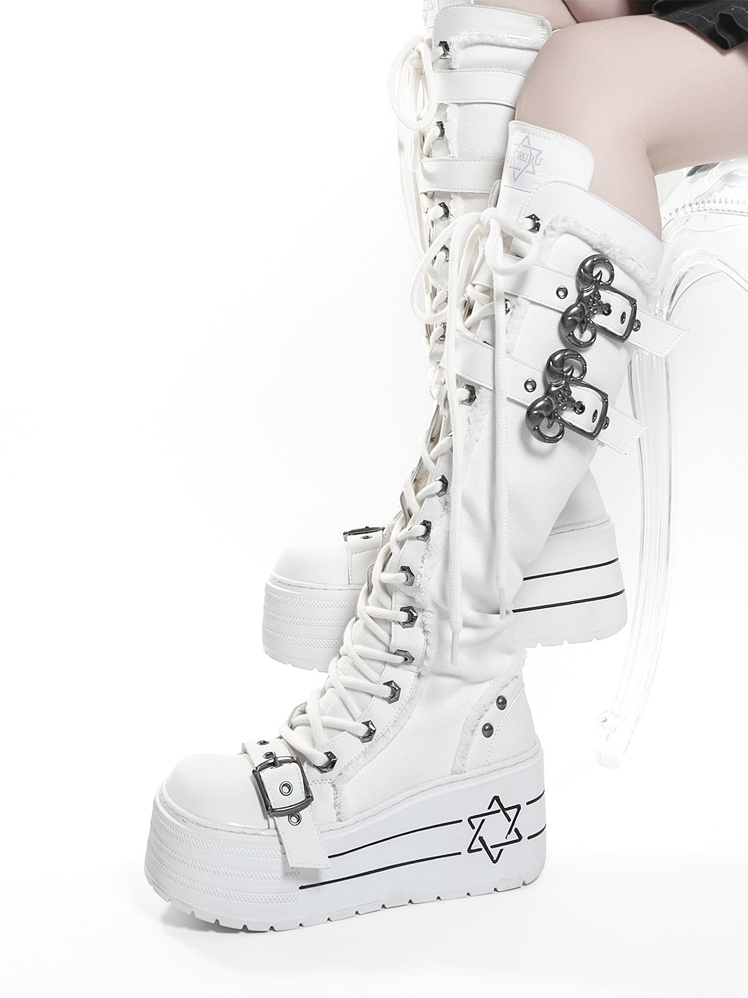 White Triple-Buckle Platform Knee-High Boots