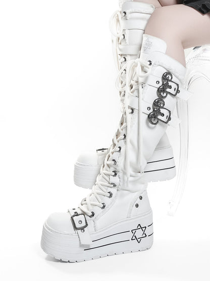 White Triple-Buckle Platform Knee-High Boots
