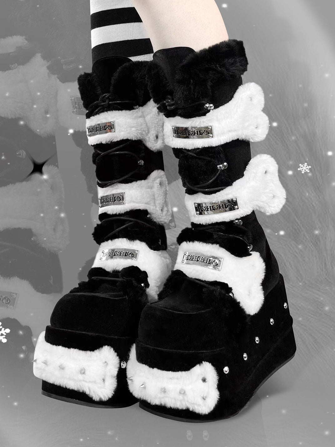 Black Bear-Applique Faux-Fur Platform Boots