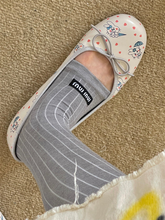 Illustrated Ribbon Square-Toe Ballet Flats