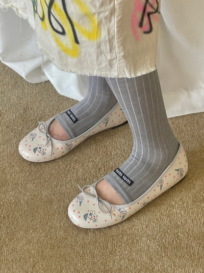 Illustrated Ribbon Square-Toe Ballet Flats