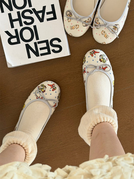 Illustrated Ribbon Square-Toe Ballet Flats