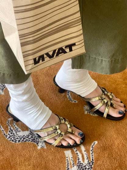Crackle-Metal Jewel-Strap Kitten-Heel Sandals