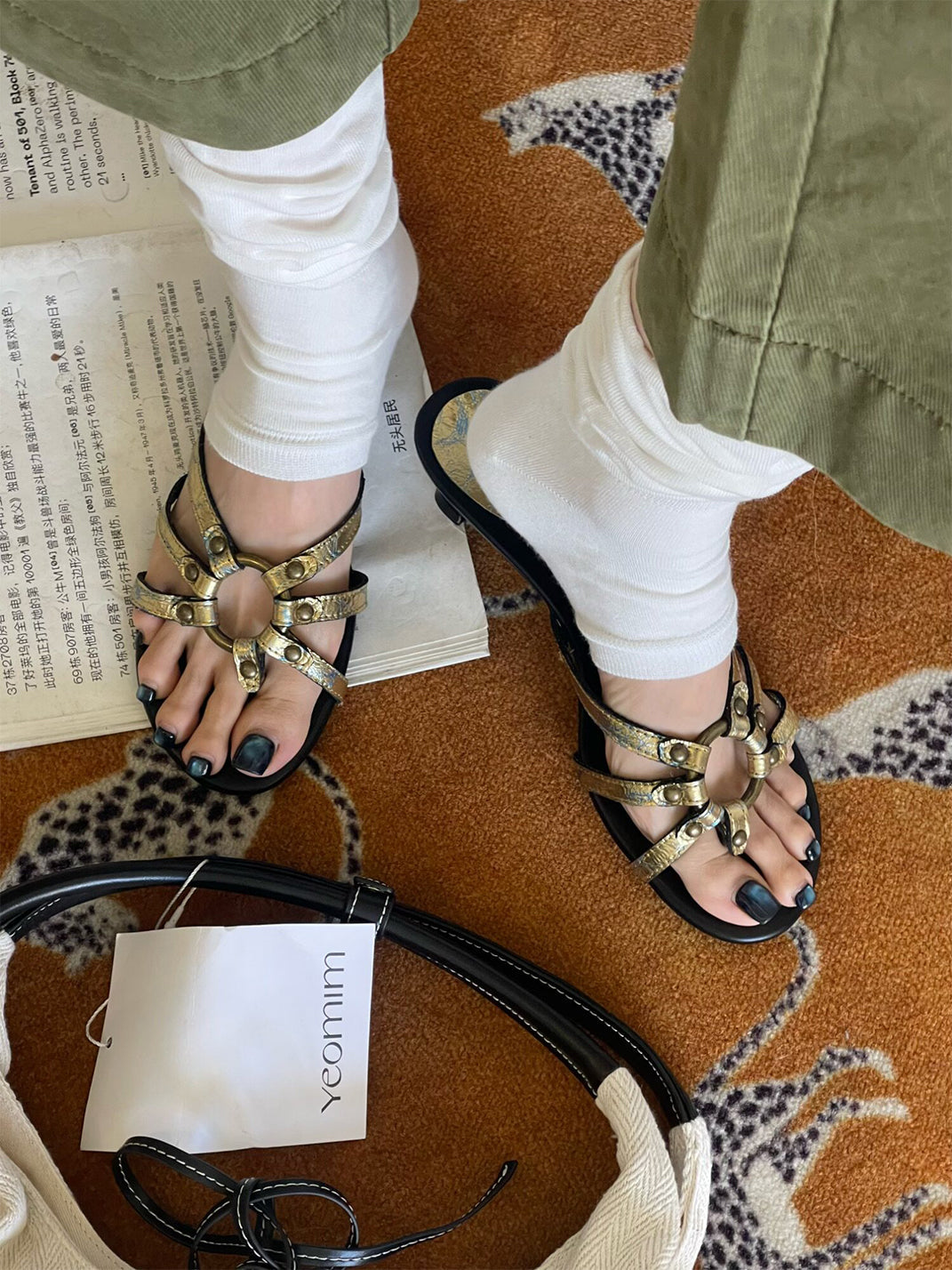 Crackle-Metal Jewel-Strap Kitten-Heel Sandals