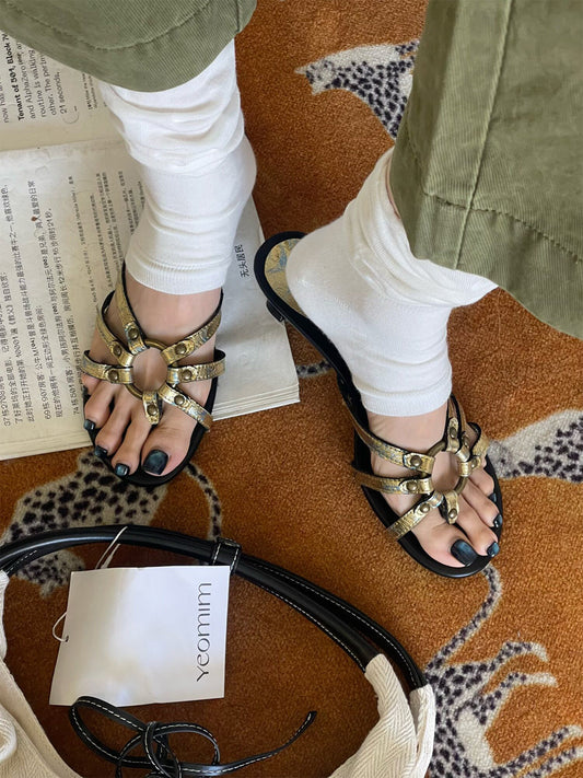 Crackle-Metal Jewel-Strap Kitten-Heel Sandals