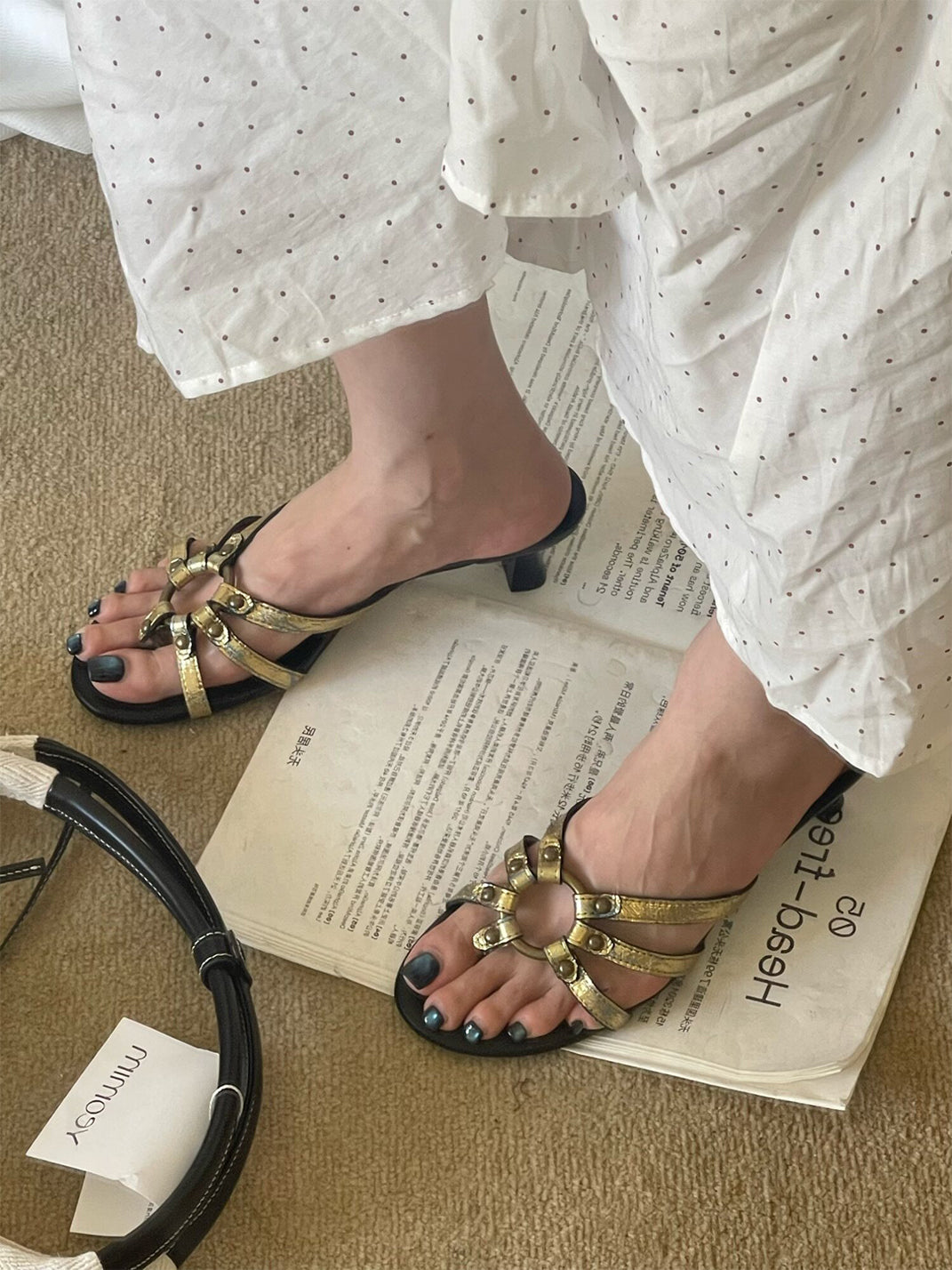 Crackle-Metal Jewel-Strap Kitten-Heel Sandals