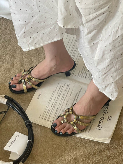 Crackle-Metal Jewel-Strap Kitten-Heel Sandals