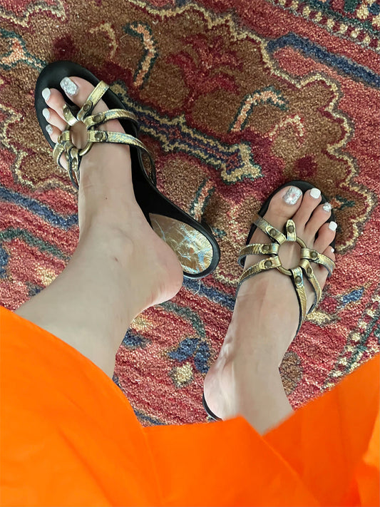 Crackle-Metal Jewel-Strap Kitten-Heel Sandals