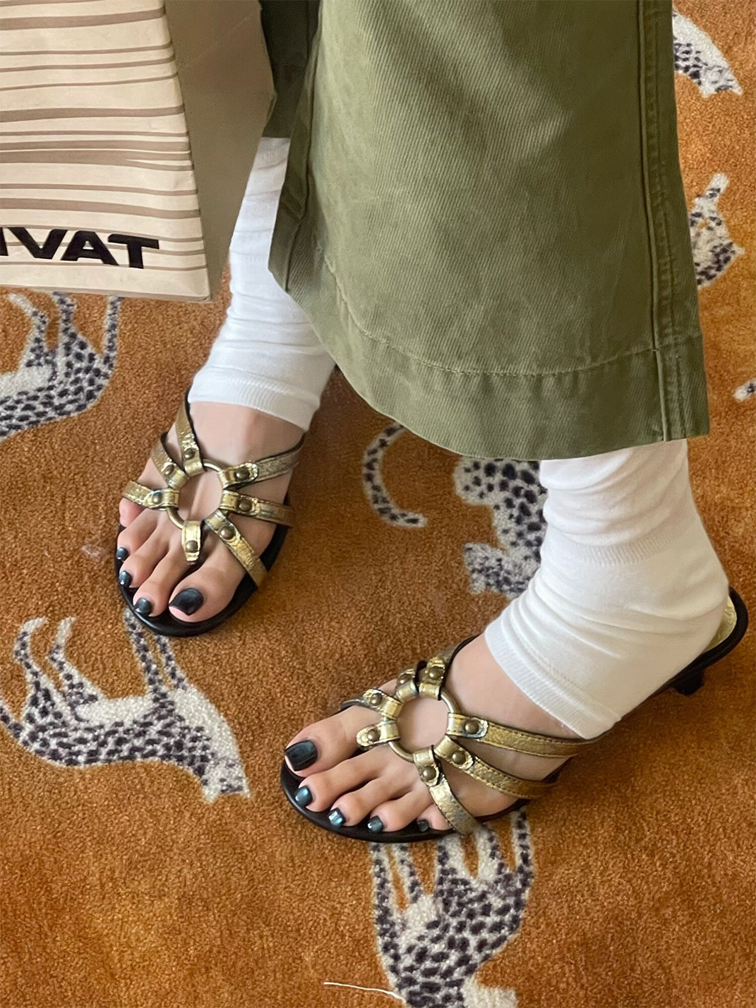 Crackle-Metal Jewel-Strap Kitten-Heel Sandals