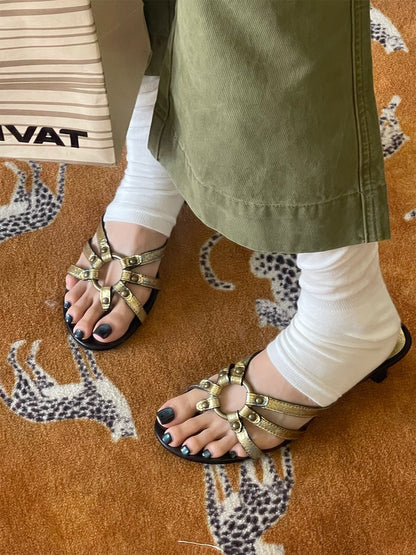 Crackle-Metal Jewel-Strap Kitten-Heel Sandals