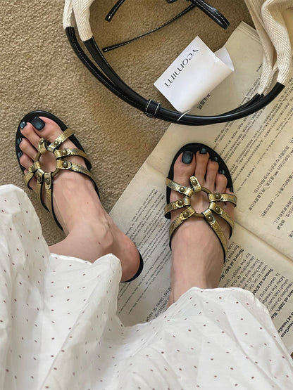 Crackle-Metal Jewel-Strap Kitten-Heel Sandals
