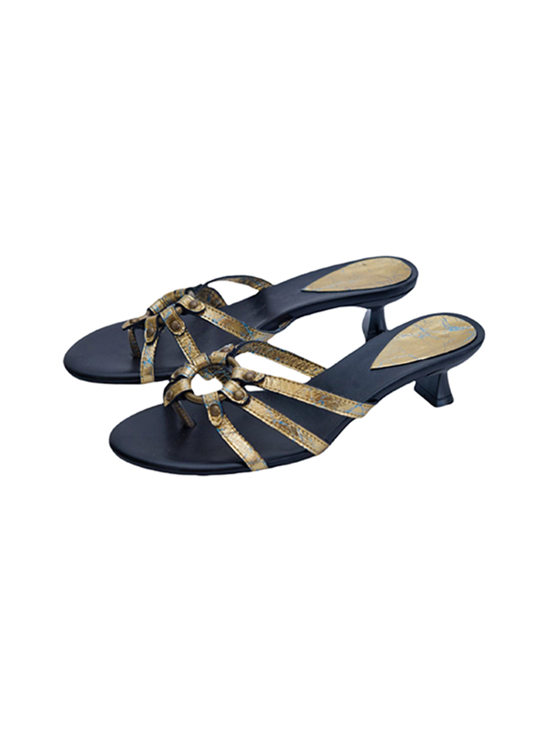 Crackle-Metal Jewel-Strap Kitten-Heel Sandals