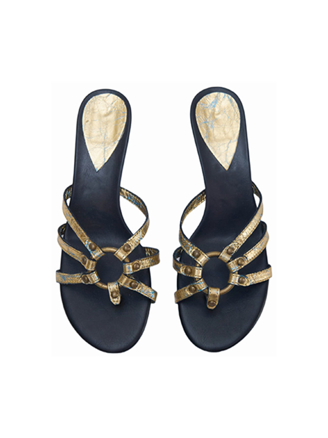 Crackle-Metal Jewel-Strap Kitten-Heel Sandals