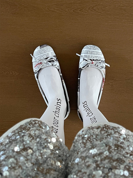 Newspaper-Print Bow Heels and Flats