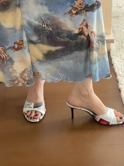 Newspaper-Print Bow Heels and Flats