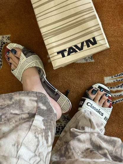 Newspaper-Print Bow Heels and Flats