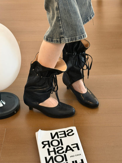Lace-Up Slouch Leather Sandal Boots