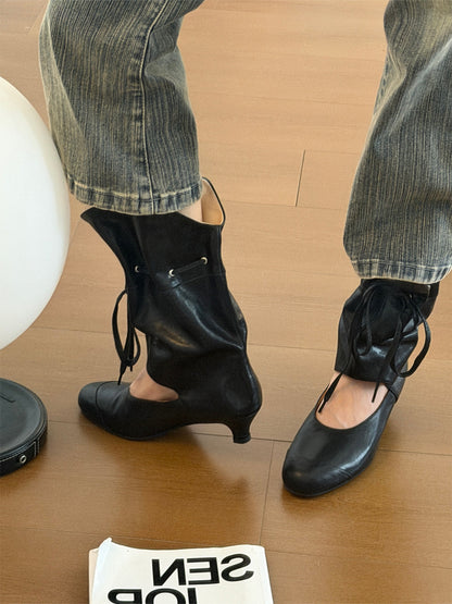 Lace-Up Slouch Leather Sandal Boots