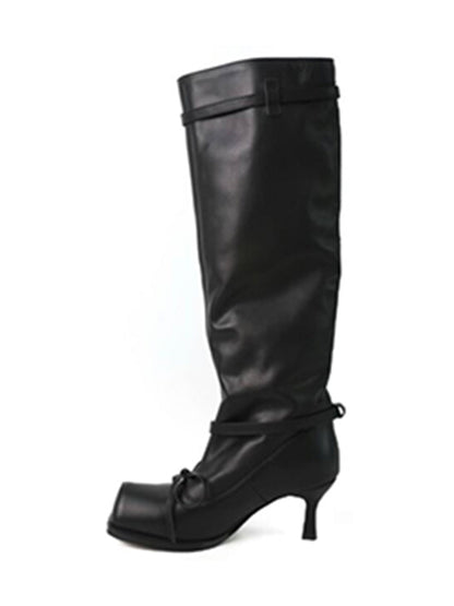 Square-Toe Bow Knee-High Leather Boots