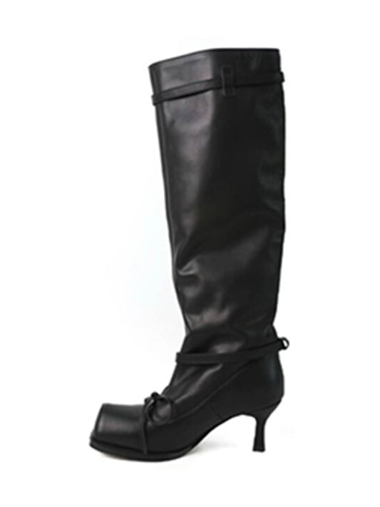 Square-Toe Bow Knee-High Leather Boots