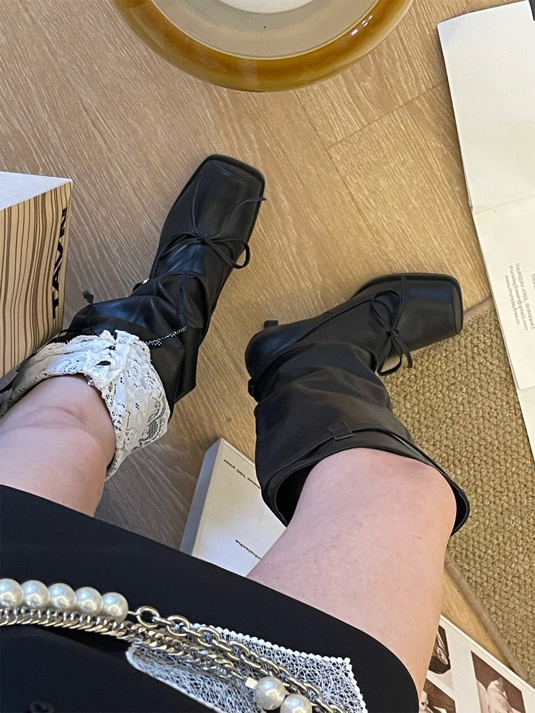 Square-Toe Bow Knee-High Leather Boots