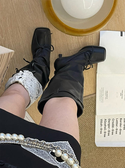 Square-Toe Bow Knee-High Leather Boots