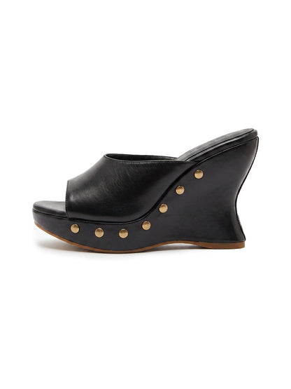 Studded Open-Toe Platform Wedge Mules