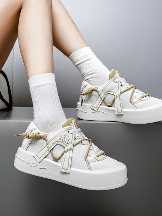 Ivory Buckle-Lace Platform Sneakers