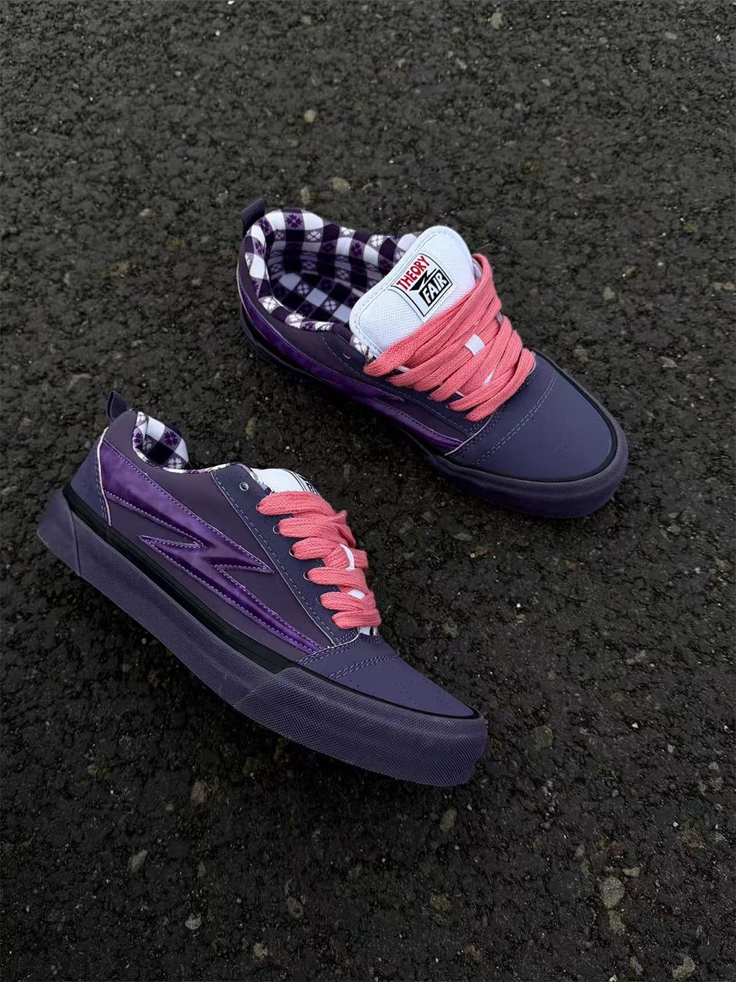 Gingham-Tongue Purple Platform Skate Shoes