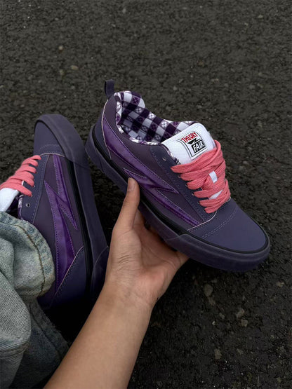 Gingham-Tongue Purple Platform Skate Shoes