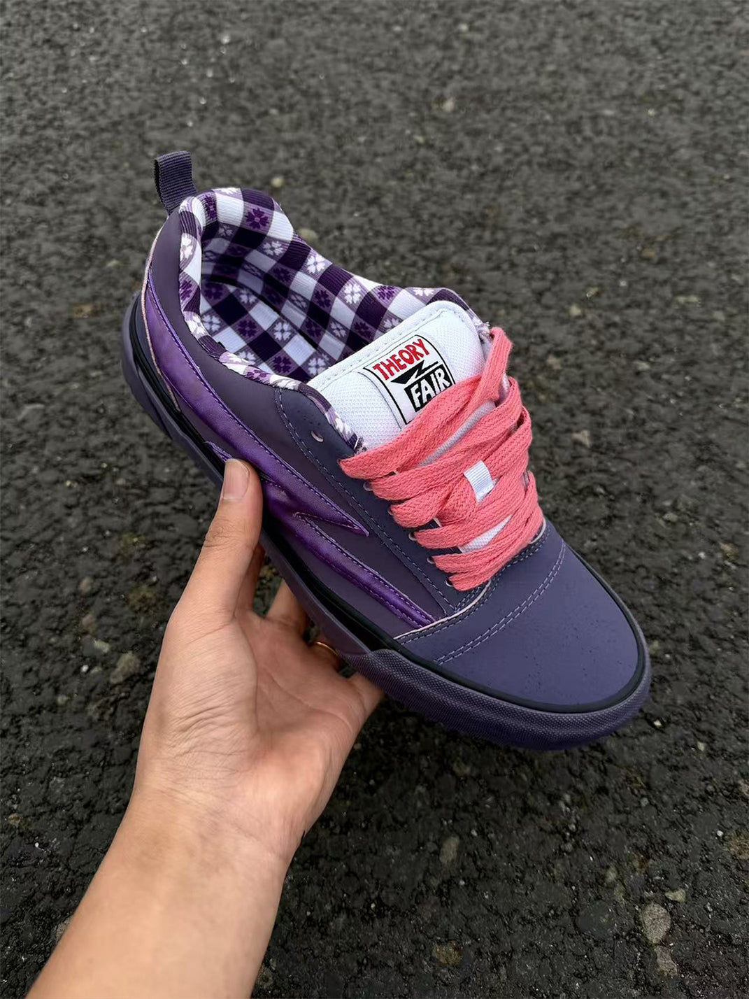 Gingham-Tongue Purple Platform Skate Shoes
