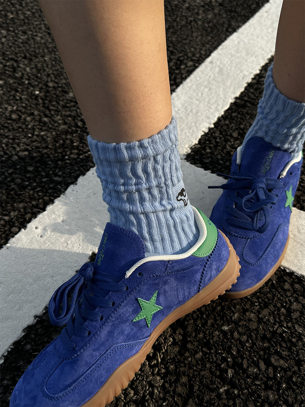 Star-Embroidered Blue Suede Gum Trainers