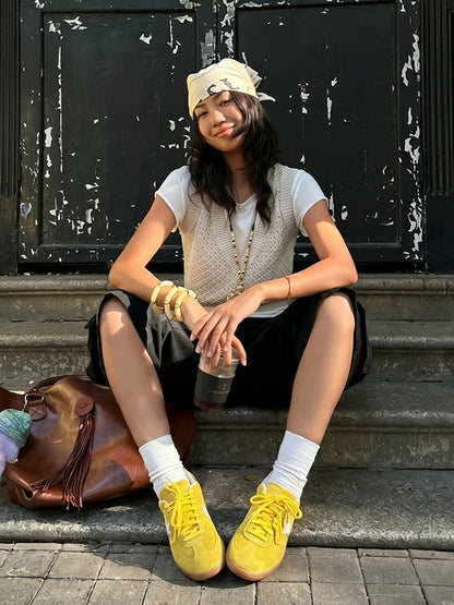 Star-Embroidered Yellow Suede Trainers