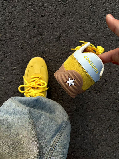Star-Embroidered Yellow Suede Trainers