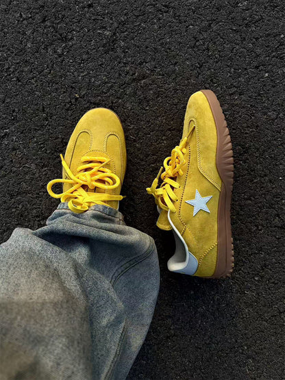 Star-Embroidered Yellow Suede Trainers