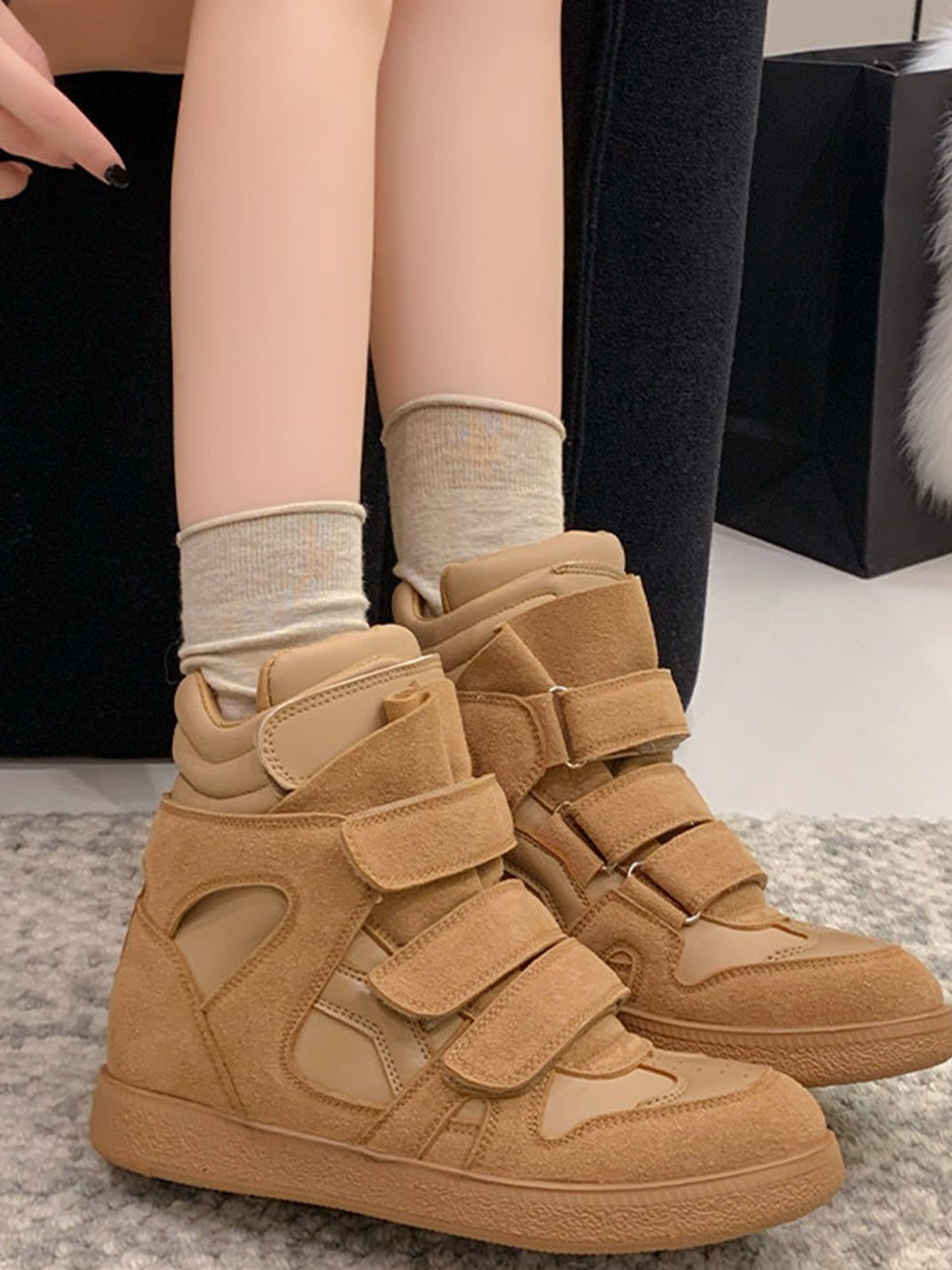 Multi-Strap Hidden-Wedge High-Top Sneakers