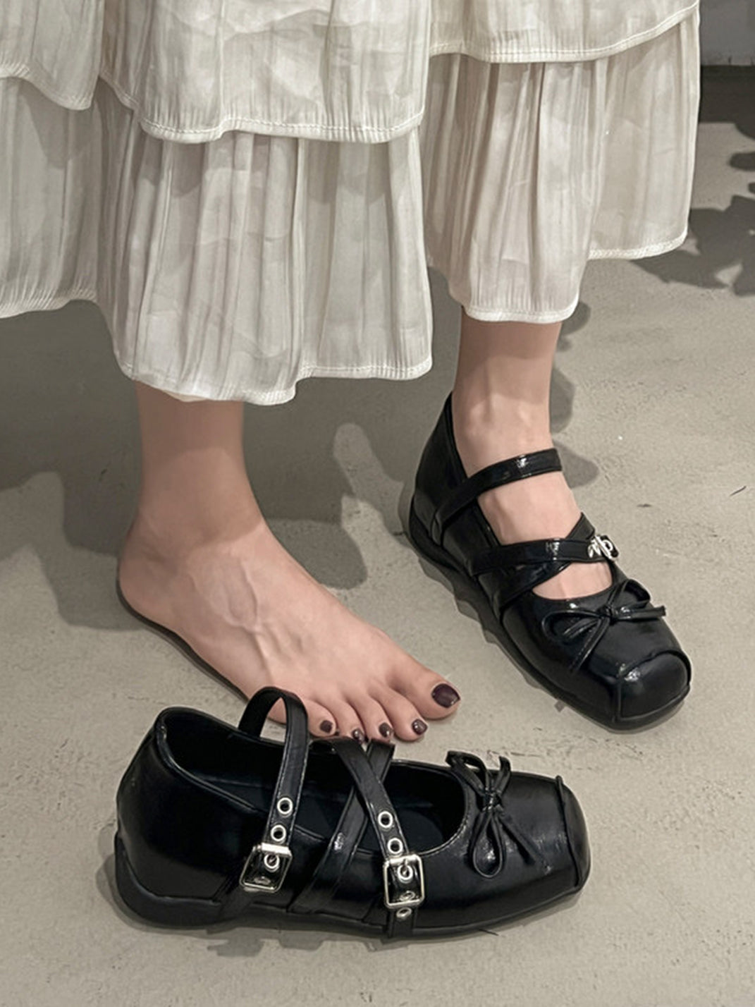 Square-Toe Multi-Strap Leather Mary Janes