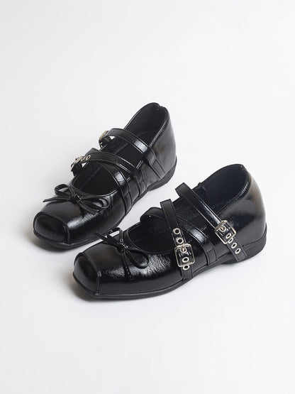 Square-Toe Multi-Strap Leather Mary Janes