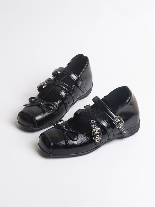 Square-Toe Multi-Strap Leather Mary Janes
