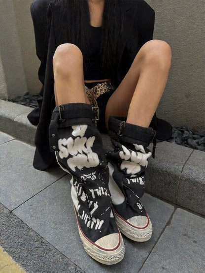 Graffiti Print Mid-Calf Canvas Boots