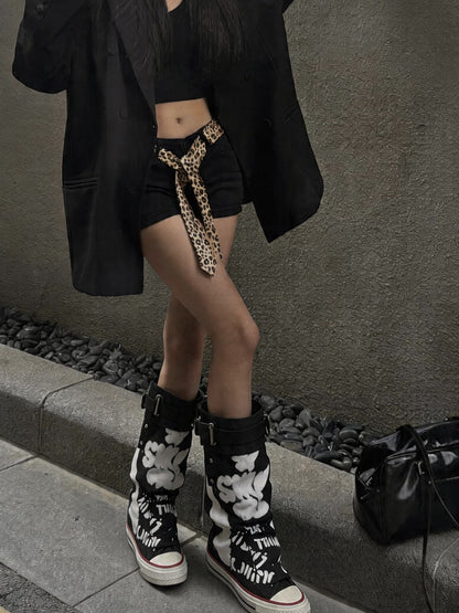 Graffiti Print Mid-Calf Canvas Boots