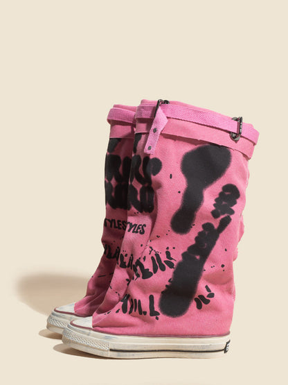 Graffiti Print Mid-Calf Canvas Boots