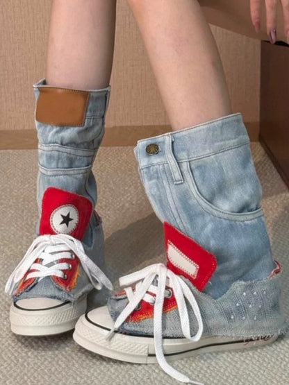 Denim Fold-Cuff High-Top Platform Sneakers
